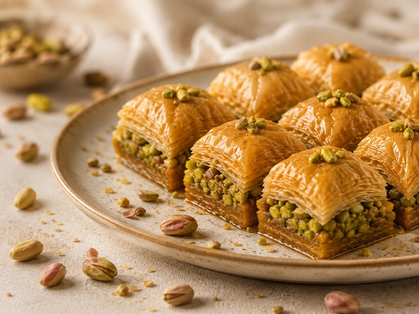 Baklawas dorés à la pistache présentés sur une assiette raffinée