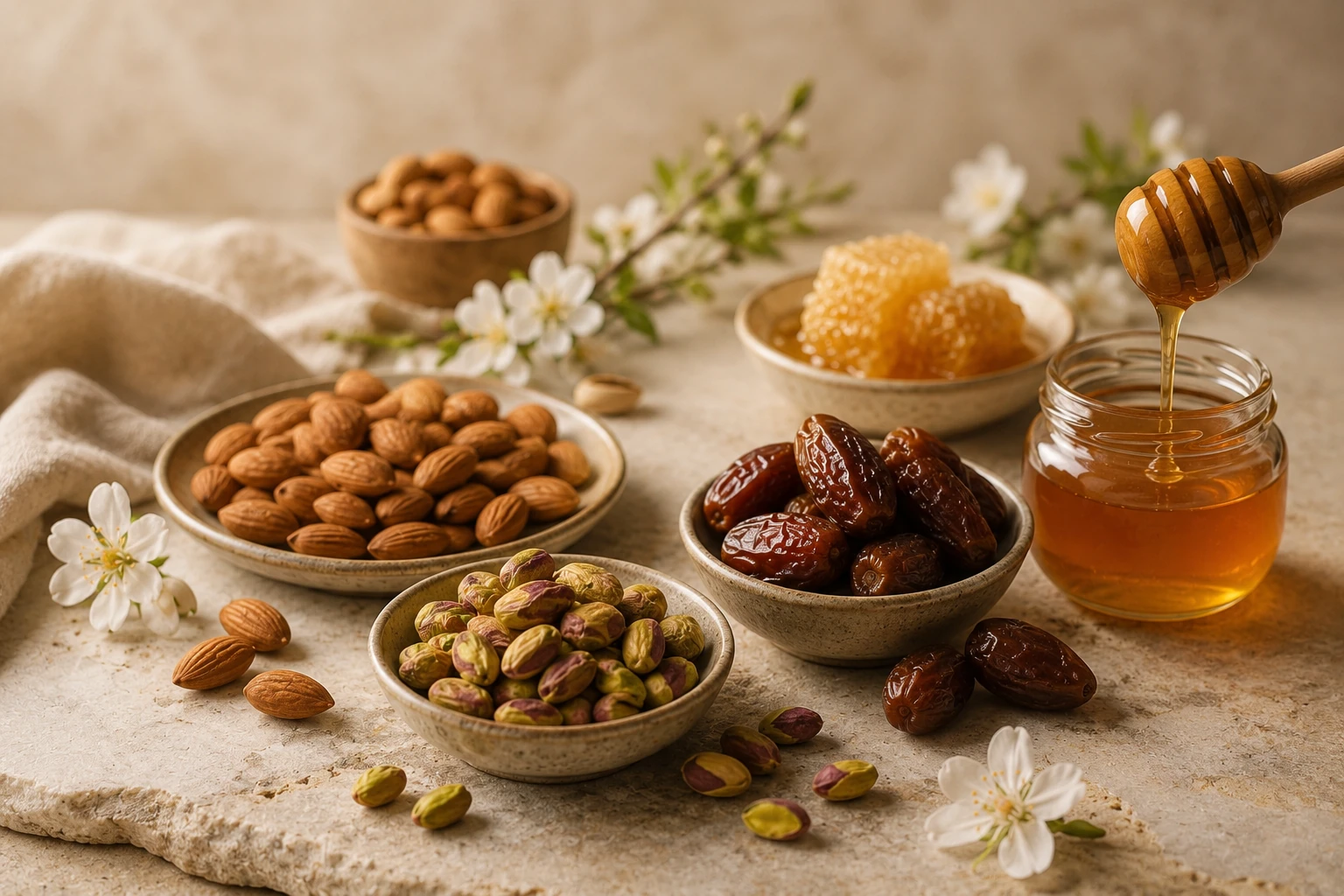 Amandes, pistaches, dattes et miel dans une composition raffinée