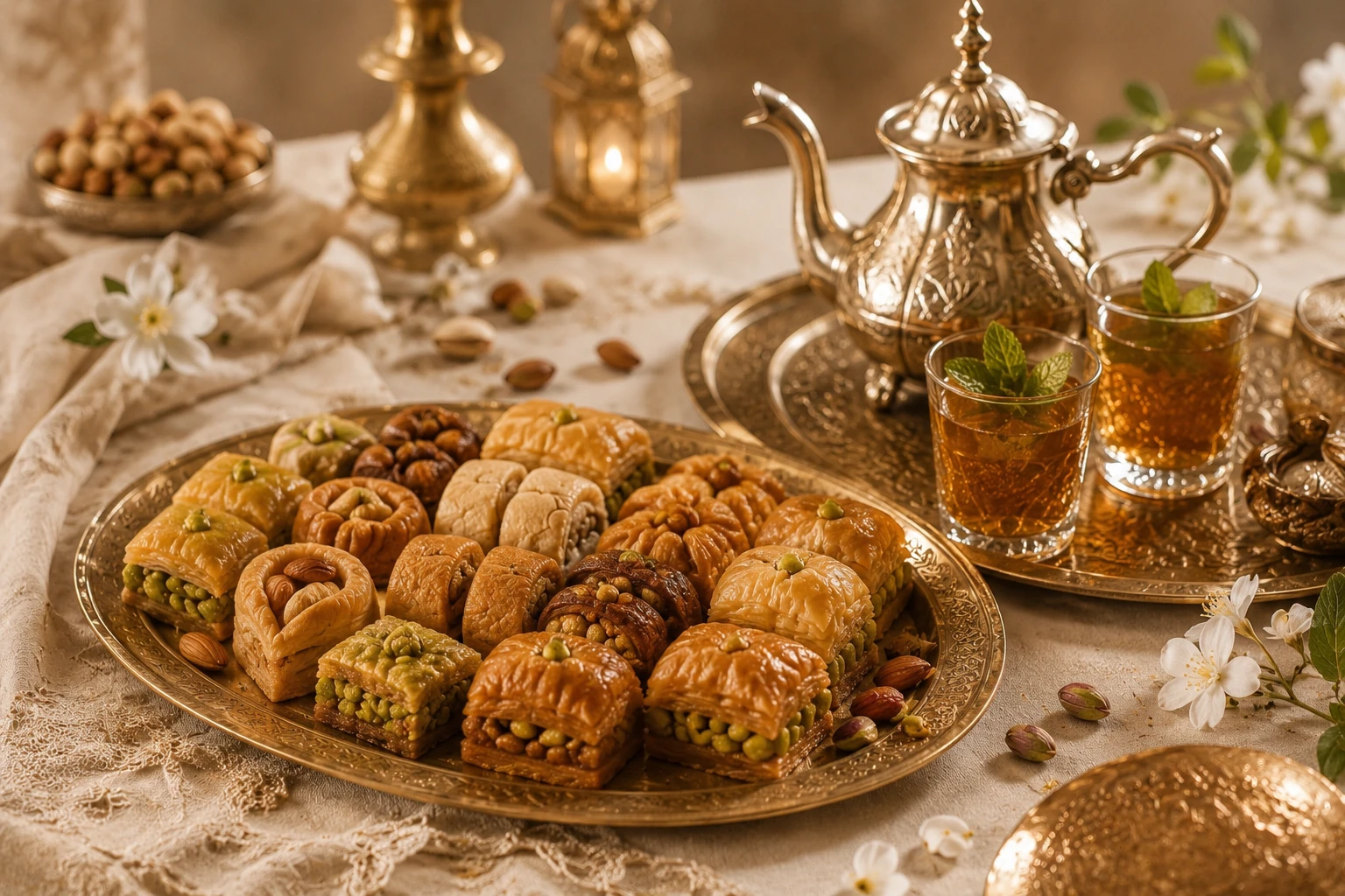 Pâtisseries orientales servies avec un thé à la menthe dans une ambiance dorée