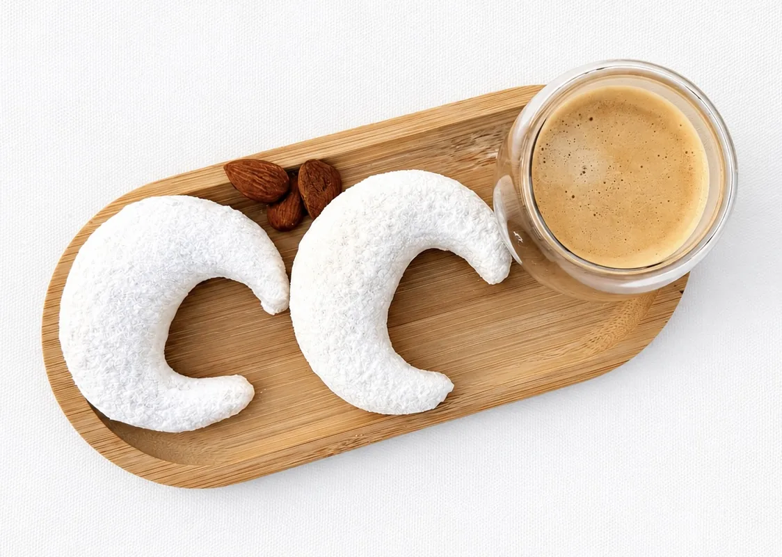 Deux cornes de gazelle Amandes & Miel sur un plateau en bambou, avec des amandes et un café